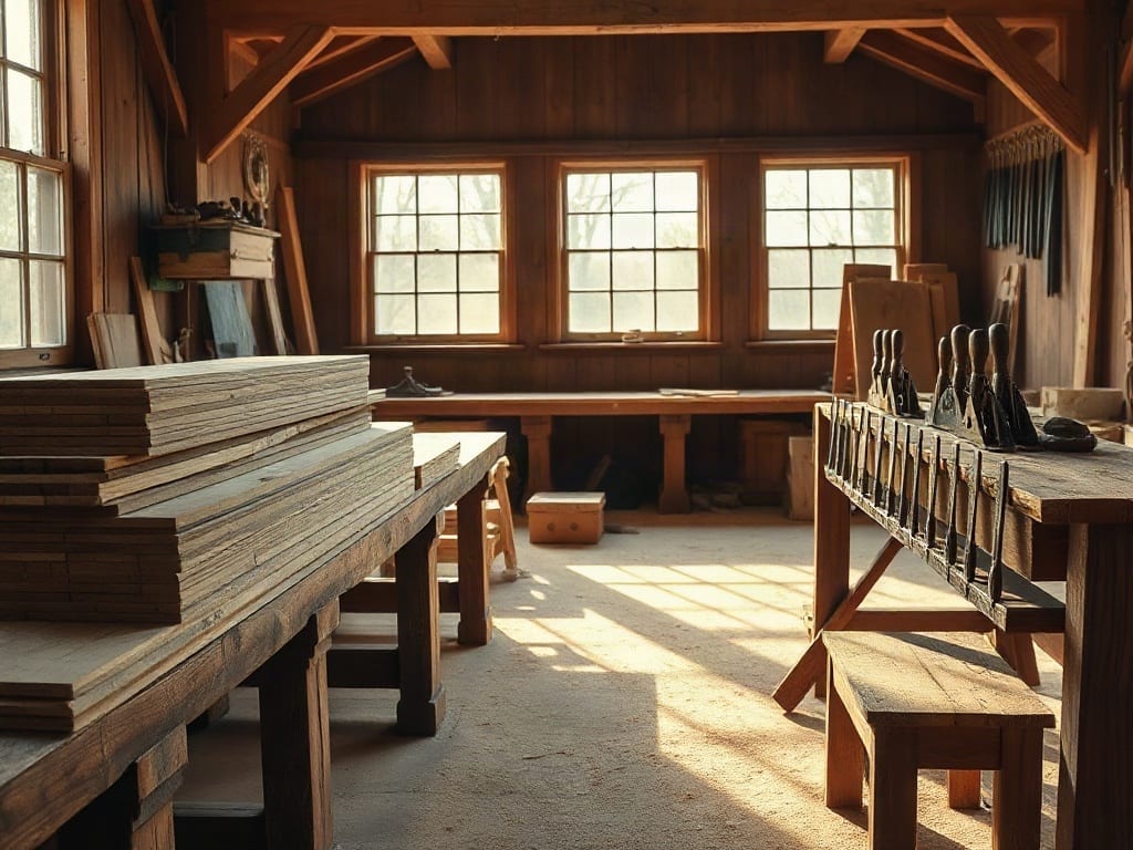 A joinery workshop bench with planed timber boards and hand tools at the end of the day